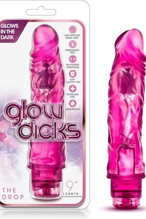 Blush Novelties The Drop - 9 Inch Realistic Powerful Vibrating Fragrance Free Dildo - Glows in The Dark - Nubs Multi Speed Thin Vibrator - AA Battery Powered Adult Toy - Sex Toy for Couples - Pink