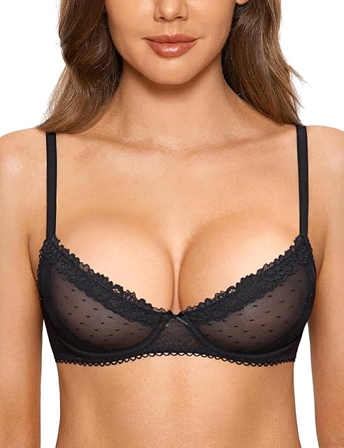 Women's Balconette Lace Bra See Through Demi Sheer Mesh Plus Size Underwire