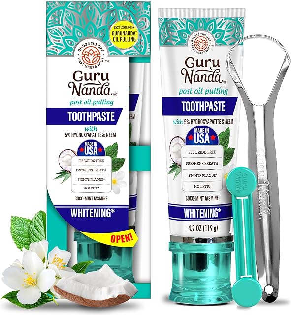 GuruNanda Hydroxyapatite Toothpaste, SLS & Fluoride Free, Whitening Toothpaste - Freshens Breath, Fights Plaque - Natural CocoMint Jasmine Neem, 42oz