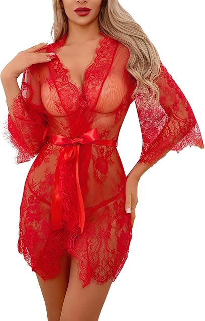 Women's Lingerie Lace Kimono Robe Mesh Nightgown for Women Chemise Babydoll Lingerie Cover Up Sheer Robe with Belt