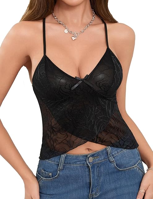 Women Y2K Lace Stretch Camisole Sexy Mesh See Through Tank Top Lingerie S-XXL
