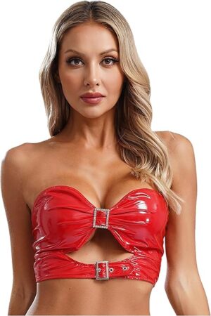 Womens PVC Leather Bustier Tube Top Wet Look Glossy Camisole Corset Bra Sexy Lingerie