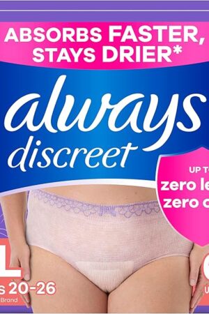 Always Discreet Adult Incontinence Underwear for Women and Postpartum Underwear, XL, Up to 100% Bladder Leak Protection, 64 Count (Packaging May Vary)