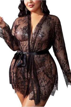 Women's Plus Size Floral Lace Robe Babydoll Lingerie Set Mesh Belted Nightgown Sleepwear