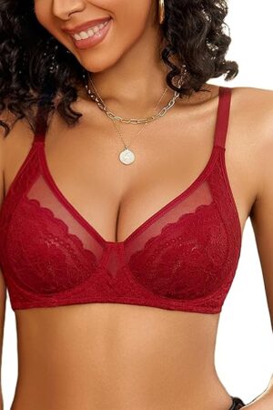 Lace Bras for Women Sexy Push Up Bras with Underwire Balconette Unlined Mesh Minimizers Bra Wine Red