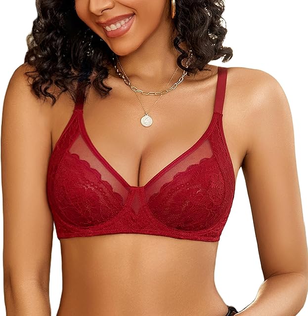 Lace Bras for Women Sexy Push Up Bras with Underwire Balconette Unlined Mesh Minimizers Bra Wine Red