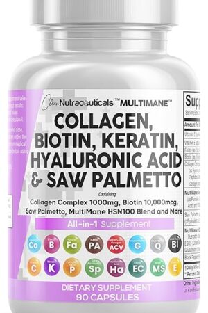 Clean Nutraceuticals Collagen Pills 1000mg Biotin 10000mcg Keratin Saw Palmetto Hyaluronic Acid - Hair Skin & Nails Vitamins & DHT Blocker with Vitamin E Folic Acid Pumpkin Seed MSM - 90 Count