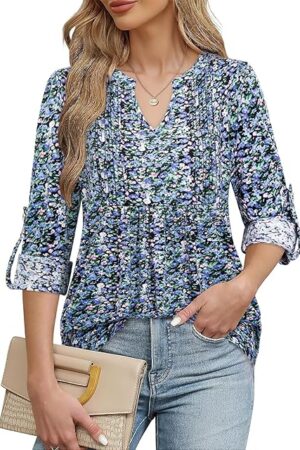 3/4 Length Sleeve Womens Tops Business Casual V Neck Blouses Loose Fit Tunic Tops