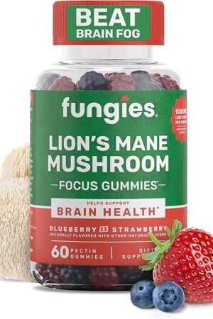 Fungies Lion's Mane Mushroom Gummies, Mixed Blueberry & Strawberry Flavor - Mushroom Supplement Gummy for Adults & Children Supports Brain Health, Cognitive Function, Focus, Memory & Mood, 60 Servings