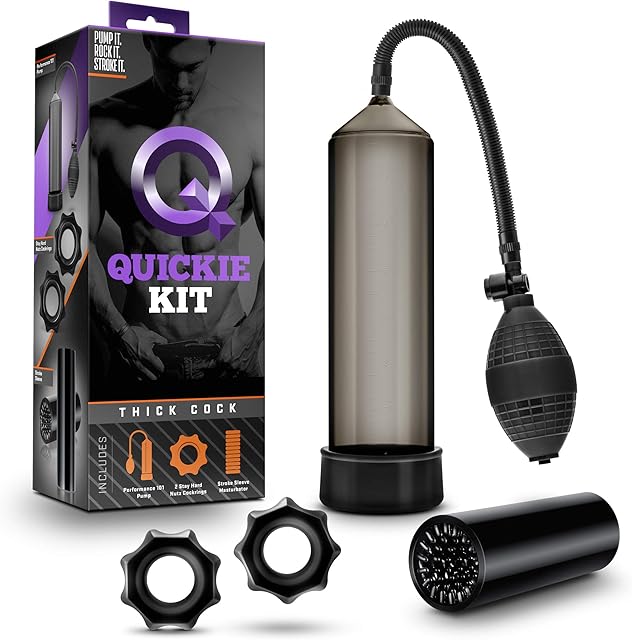 Blush Quickie Kit 9.5" Penis Pump w/Masturbator Stroker Sleeve, Thick Cock - 2 Penis Rings & Suction Pump - Male Enlargement & Pleasure Pump for Harder & Longer Erections Sex Toy for Men - (Black)