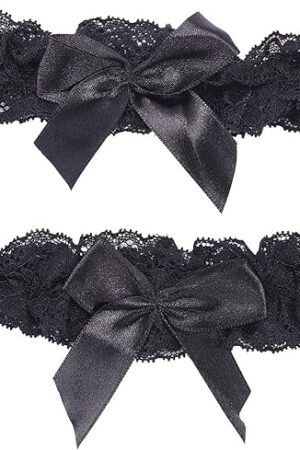 WEBEEDY 2Pcs Lace Wedding Garters for Bride Sexy Wedding Bridal Garter with Bow Party Prom Leg Garter Belt Tossing Thigh Garters Black Bowknot Elastic Leg Ring for Party Prom Birthday