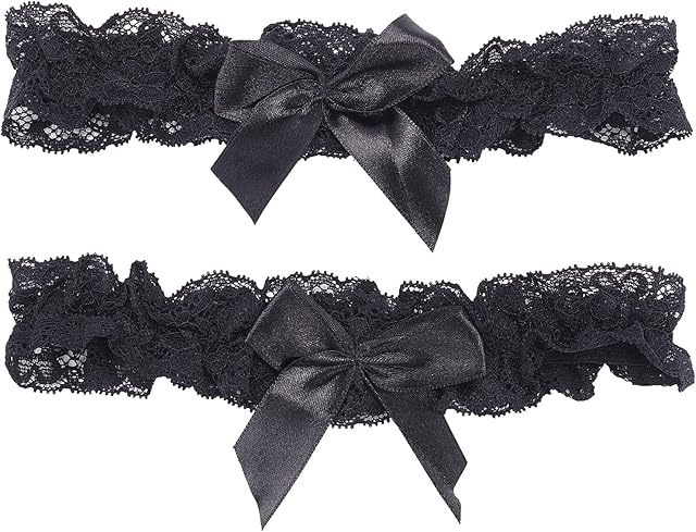WEBEEDY 2Pcs Lace Wedding Garters for Bride Sexy Wedding Bridal Garter with Bow Party Prom Leg Garter Belt Tossing Thigh Garters Black Bowknot Elastic Leg Ring for Party Prom Birthday