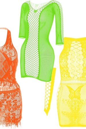3pcs Sexy Women Fishnet Dress Camisole Babydoll Lingerie Nightgowns Chemise Nightwear Sleepwear Green Orange and Yellow