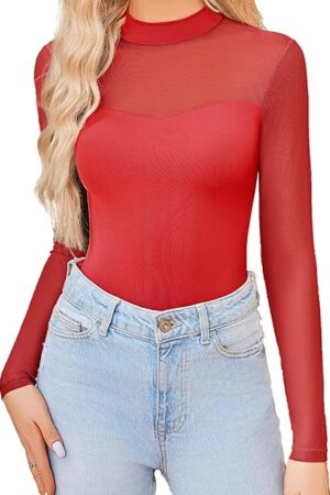 Women's Sexy Mock Neck Sheer Mesh Long Sleeve Bodysuit Double Lined Slimming Body suit Going Out Tops