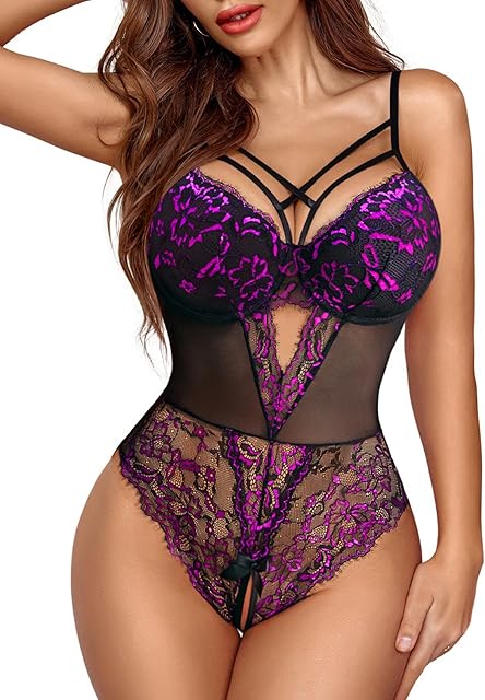 Women Lingerie Floral Lace Harness Lingerie Bodysuit One Piece Teddy Babydoll Nightgown