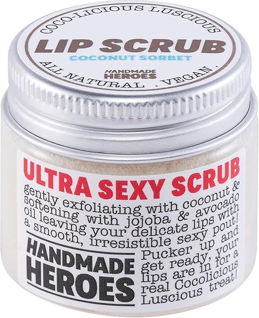 Handmade Heroes 100% Natural Lip Scrub, Vegan Conditioning Coconut Exfoliator - Gentle Exfoliant, Sugar Polish and Scrubber for Chapped Dry Lips, 1oz (Coconut Sorbet)