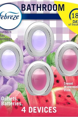 Febreze Bathroom Air Freshener, Odor-Fighting, Plug In Alternative, Air Fresheners for Home and Bathroom and Kitchen, Closet Air Fresheners, Watermelon & Lilac Scent, 4 Count