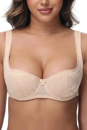 Women's Sexy Blconette Bra Demi Half Cup Push Up Lightly Padded Lace Underwire Low Cut Plus Size Bras Wide Straps