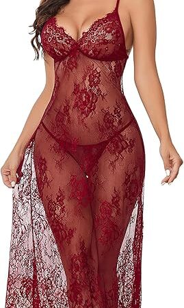 Women Lingerie Floral Lace Halter Babydoll Lingerie Dress With Thong Nightdress Nightgown for Women