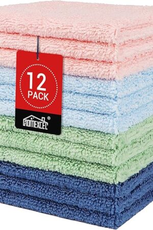 HOMEXCEL Microfiber Washcloths 12 Pack, Highly Absorbent and Soft Face Towel, Multi-Purpose Wash Cloths for Bathroom, Gym, Hotel, Spa and Kitchen, Multicolor 12x12 Inch