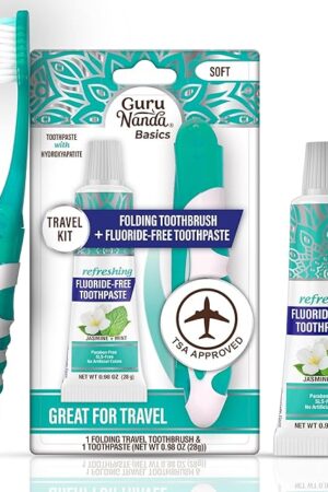 GuruNanda Folding Toothbrush with Built-in Cover & Toothpaste with Hydroxyapatite, Perfect for Travel, Compact & Portable, On-The-go - Soft Bristles & Ergonomic Handle, for Adults & Kids (1 Count)