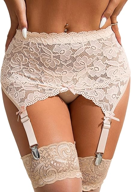 Women Floral Lace Garter Belt for Thigh Highs Stockings 4-Strap Metal Clip Plus Size Sexy Mesh Suspender Garter Belts
