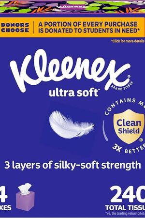 Kleenex Ultra Soft Facial Tissues, 4 Cube Boxes, 60 Tissues per Box, 3-Ply (240 Total), Packaging May Vary