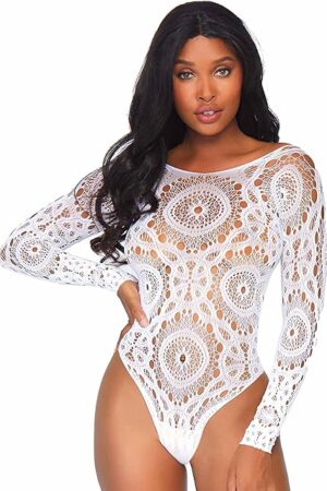 womens Crochet Lace Long Sleeve Thong Back Teddy