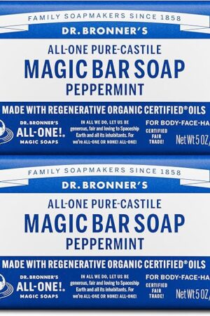 Dr Bronner's Pure-Castile Magic Bar Soap (Peppermint, 5oz, 2-Pack) ? Made with Regenerative Organic Certified Oils, Soap Bars for Men & Women, Gentle for Face & Sensitive Skin, Vegan, Non-GMO