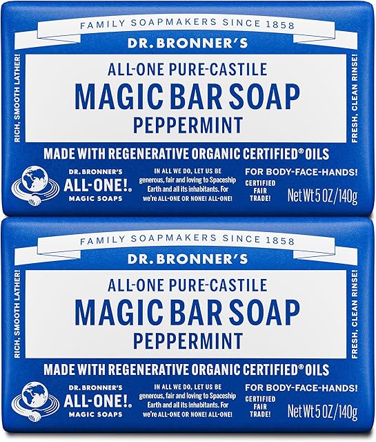 Dr Bronner's Pure-Castile Magic Bar Soap (Peppermint, 5oz, 2-Pack) ? Made with Regenerative Organic Certified Oils, Soap Bars for Men & Women, Gentle for Face & Sensitive Skin, Vegan, Non-GMO