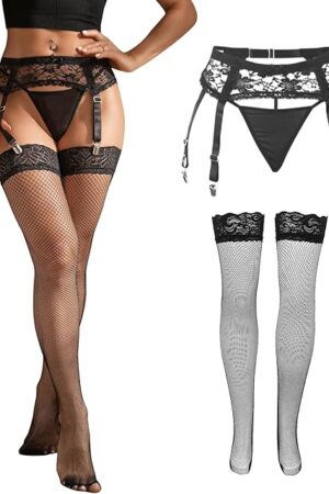 Women Floral Lace Garter Belt Plus Size Mesh Suspender Belt Set with 4 Straps Metal Clip for Thigh Highs