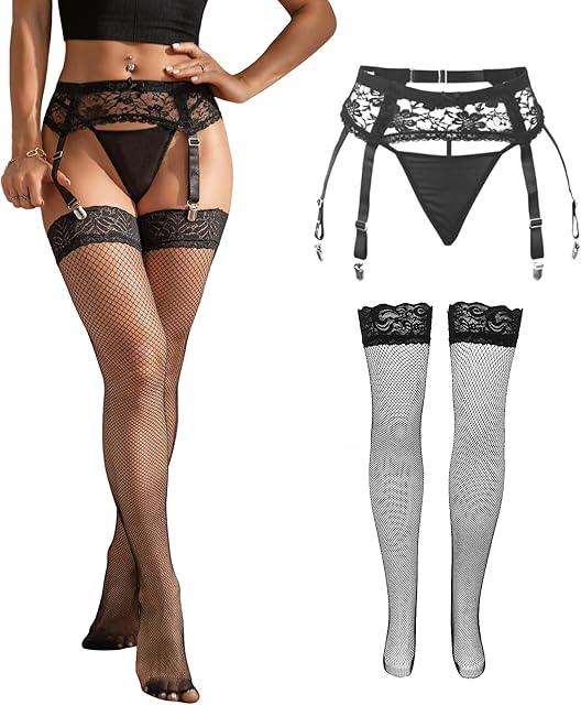 Women Floral Lace Garter Belt Plus Size Mesh Suspender Belt Set with 4 Straps Metal Clip for Thigh Highs
