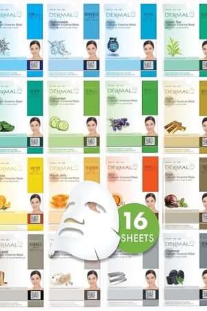 DERMAL Korean Collagen Face Mask ? Hydrating & Soothing Sheet Mask with Panthenol ? Hypoallergenic Calming Moisture Care for All Skin Types ? 16 Combo Pack A