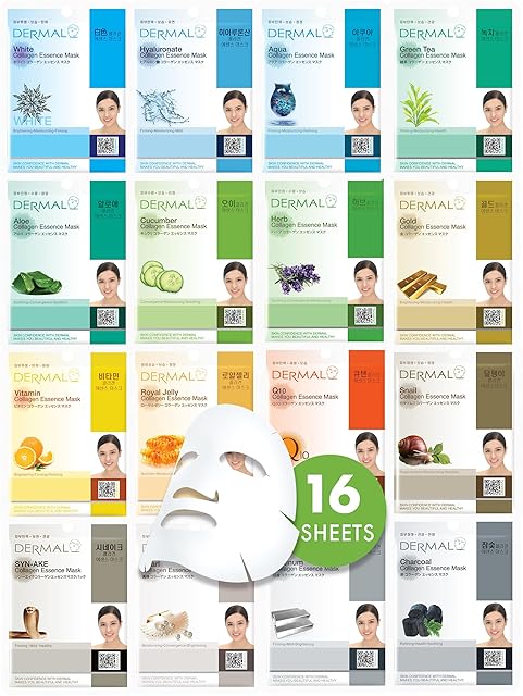 DERMAL Korean Collagen Face Mask ? Hydrating & Soothing Sheet Mask with Panthenol ? Hypoallergenic Calming Moisture Care for All Skin Types ? 16 Combo Pack A