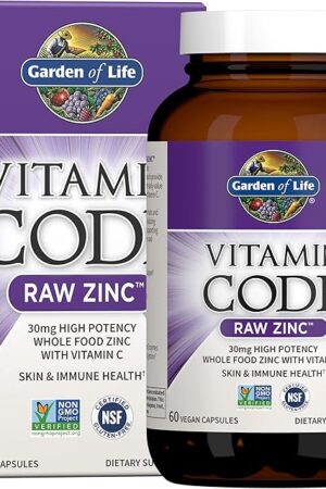 Garden of Life Zinc Supplements 30mg High Potency Raw Zinc and Vitamin C Multimineral Supplement, Vitamin Code Vitamins Trace Minerals & Probiotics for Skin Health & Immune Support, 60 Vegan Capsules