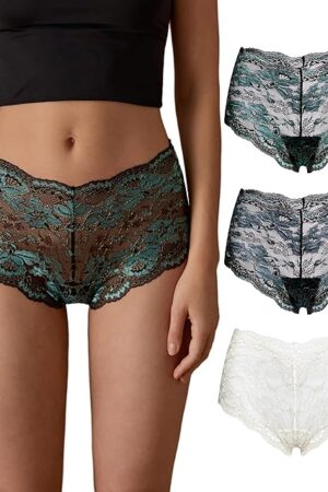 Lace Boyshort Underwear for Women Sexy Cheeky Boy Shorts Panties Soft V-shape Boxers Briefs Pack