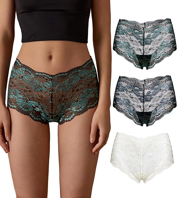 Lace Boyshort Underwear for Women Sexy Cheeky Boy Shorts Panties Soft V-shape Boxers Briefs Pack