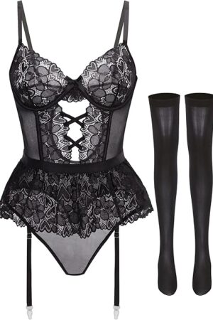 Women Exotic Lace Teddy Bodysuit Sexy Garter Lingerie Set Mini One Piece Babydolls Chemise with Stockings