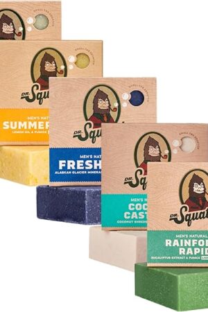 Dr Squatch Natural Bar Soap for Men Variety Gift Set - Cold Process Soap No Harsh Chemicals - Rainforest Rapids, Coconut Castaway, Fresh Falls, Summer Citrus & Eucalyptus Greek Yogurt (5 oz, 5-Pack)