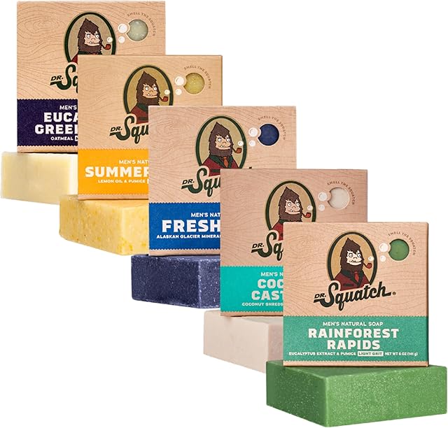Dr Squatch Natural Bar Soap for Men Variety Gift Set - Cold Process Soap No Harsh Chemicals - Rainforest Rapids, Coconut Castaway, Fresh Falls, Summer Citrus & Eucalyptus Greek Yogurt (5 oz, 5-Pack)
