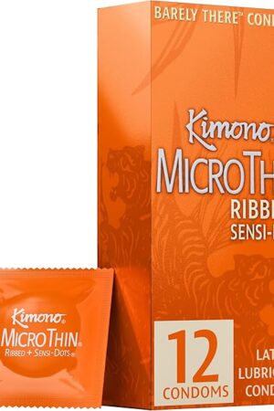 Kimono MicroThin Ribbed with Sensi-Dots Pack of 12 - Textured Lubricated Condoms, Snug Form-Fit, Natural Latex, Vegan-Friendly, No Latex Odor - Enhanced Sensitivity