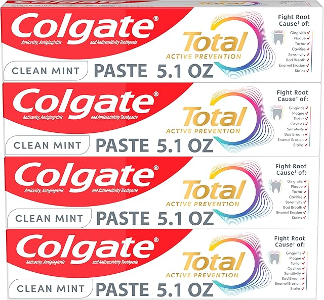 Colgate Total Clean Mint Toothpaste, 10 Benefits, No Trade-Offs, Freshens Breath, Whitens Teeth and Provides Sensitivity Relief, Clean Mint Flavor, 4 Pack, 51 Oz Tubes