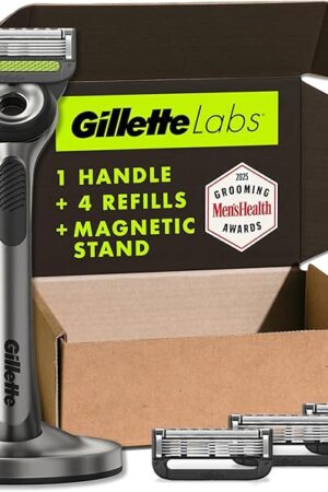 Gillette Labs 5-Blade Men's Razor, Shaving Kit Includes Handle, 4 Blade Refills, Magnetic Stand