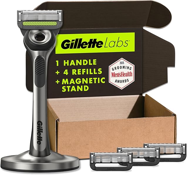 Gillette Labs 5-Blade Men's Razor, Shaving Kit Includes Handle, 4 Blade Refills, Magnetic Stand