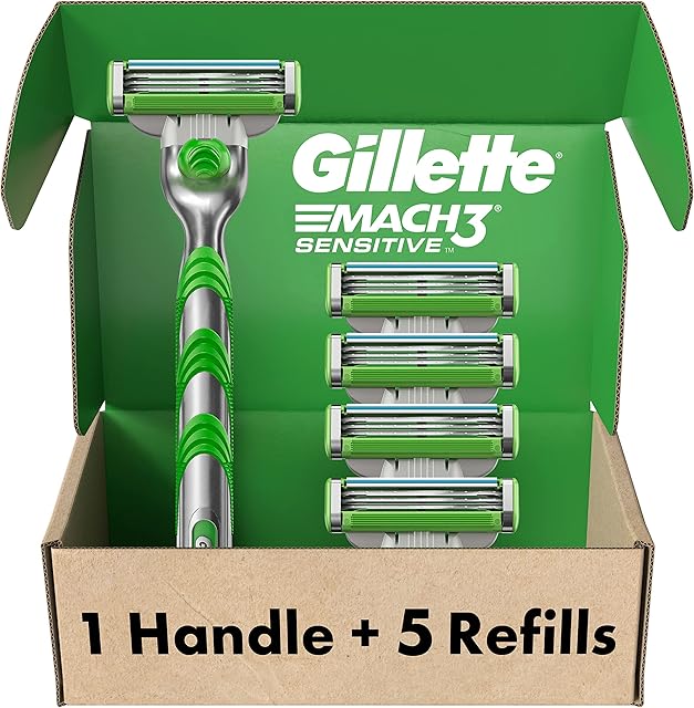 Gillette Mach3 Sensitive Razors for Men, 1 Handle, 5 Blade Refills, Designed for Sensitive Skin