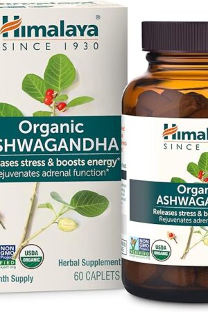 Himalaya Organic Ashwagandha, 60 Day Supply - Herbal Adrenal Support Supplements for Stress Relief and Energy Support - USDA Organic, Non-GMO, Vegan, Gluten Free, Excipient Free, 670 mg, 60 Caplets