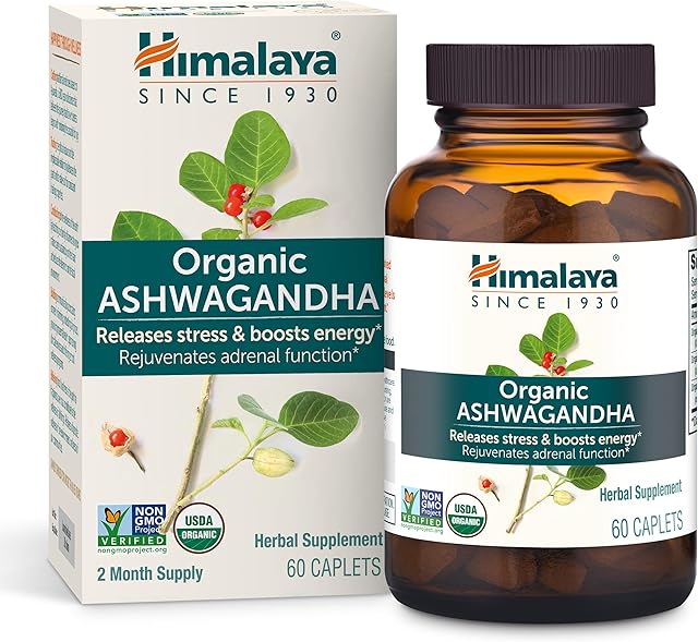 Himalaya Organic Ashwagandha, 60 Day Supply - Herbal Adrenal Support Supplements for Stress Relief and Energy Support - USDA Organic, Non-GMO, Vegan, Gluten Free, Excipient Free, 670 mg, 60 Caplets