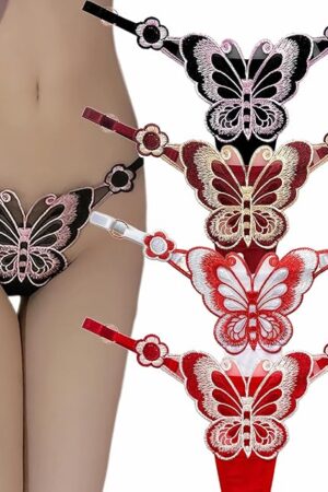 Butterfly Lace G-String Thongs for Women Adjustable Sexy Low Rise Underwear with Embroidery, Breathable T-back Thongs Panties