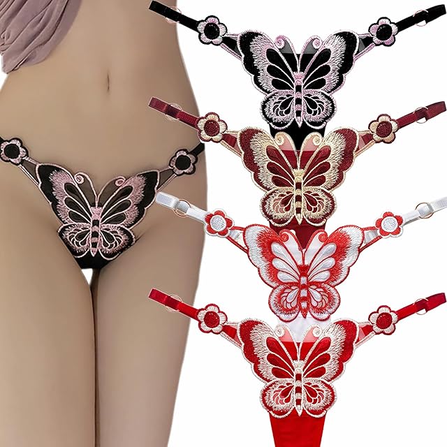 Butterfly Lace G-String Thongs for Women Adjustable Sexy Low Rise Underwear with Embroidery, Breathable T-back Thongs Panties