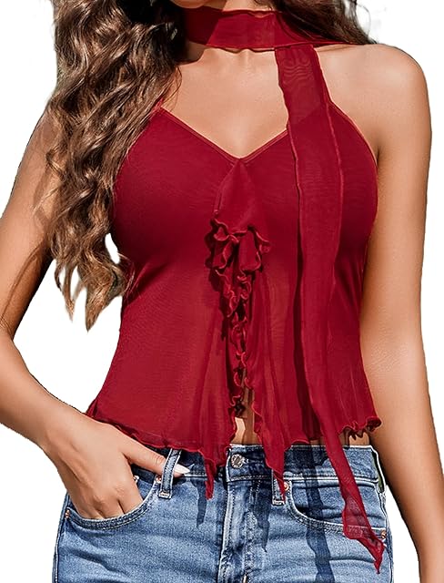 Halter Tops for Women Mesh Tank Top Sexy Camisoles Y2K Crop Top Going Out Tops Trendy Summer Tops Outfits